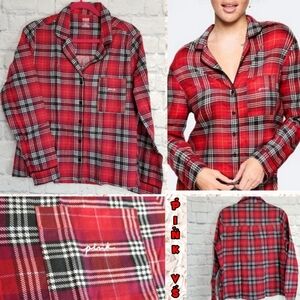PINK Victoria's Secret Plaid Flannel Logo Button Up Pajama Top Red Black XL New